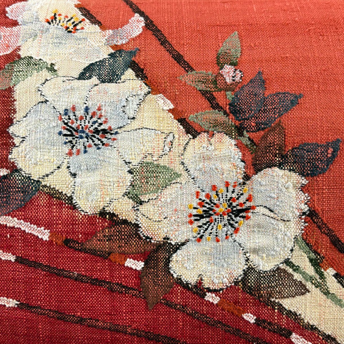 名古屋帶 優品級 渡文 八寸名古屋帶 松樹葉仕立 櫻花 幾何學圖案 茜 純蠶絲