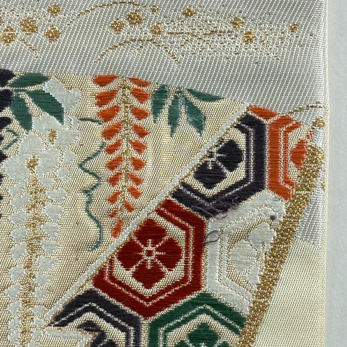 名古屋帶 優品級 扇子面 菊花 金絲 金金箔 米色 純蠶絲