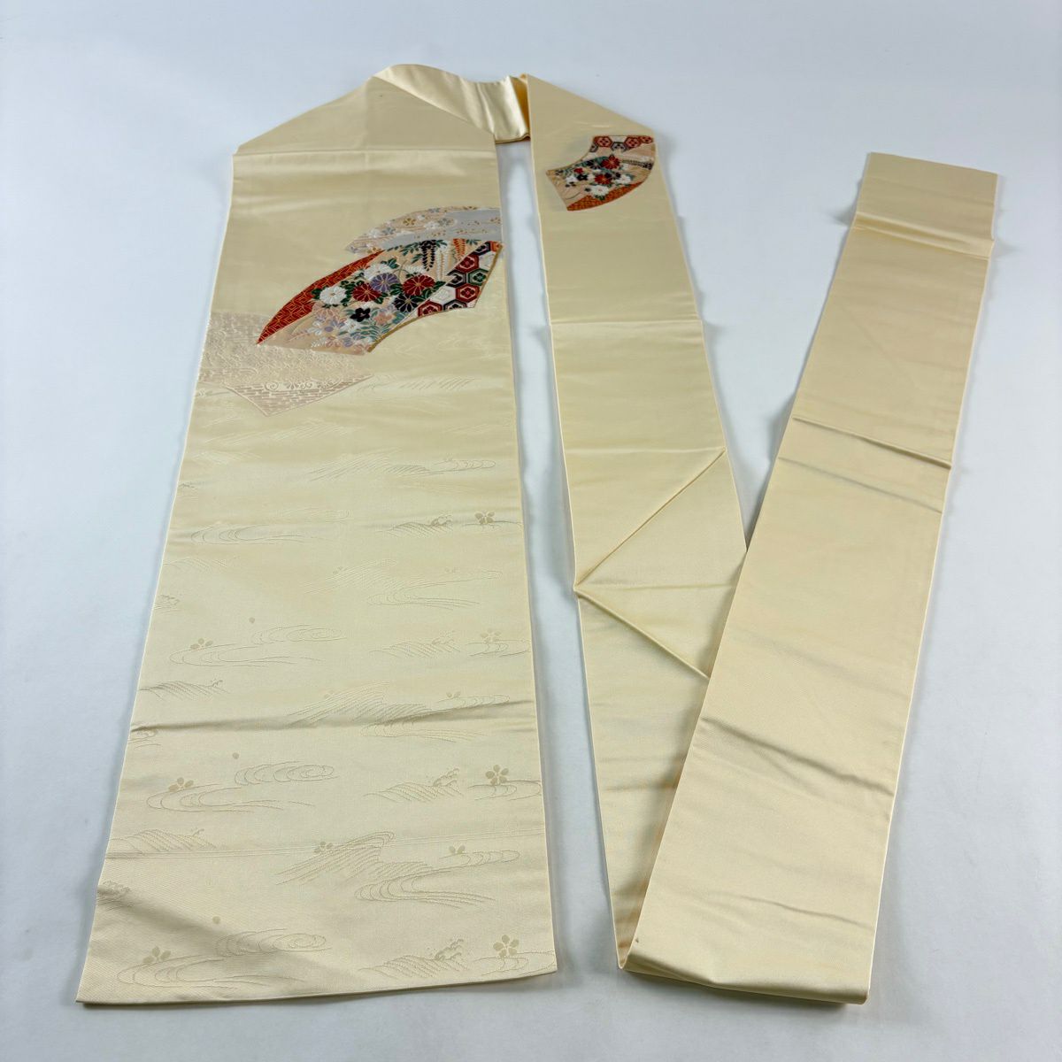 名古屋帶 優品級 扇子面 菊花 金絲 金金箔 米色 純蠶絲
