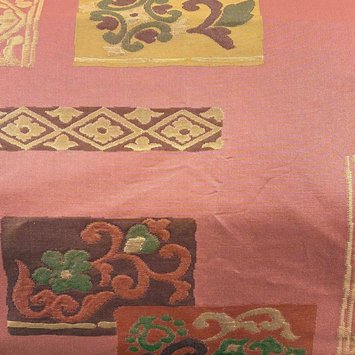 名古屋帶 優品級 花唐草紋 花菱 金金箔 粉紅 純蠶絲