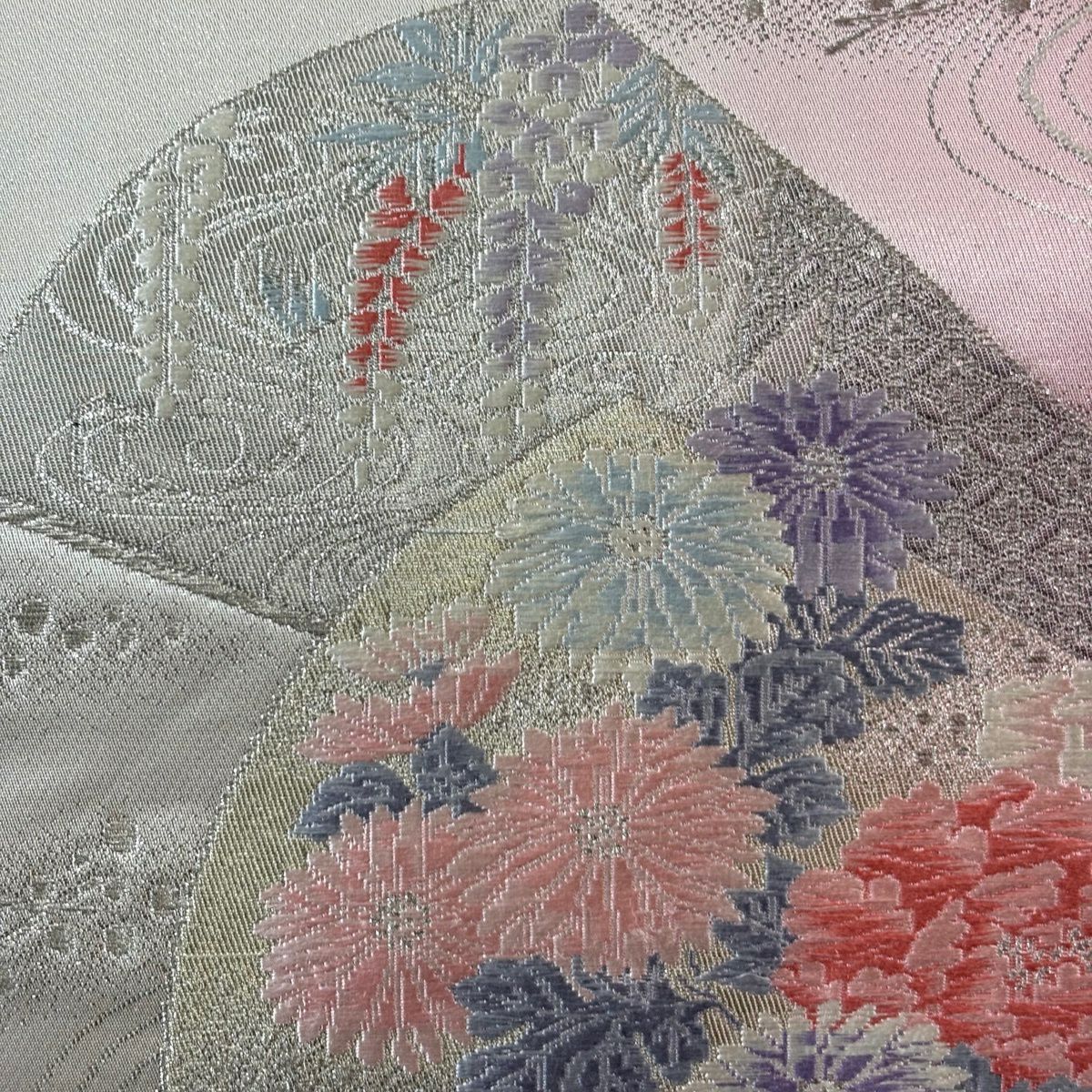 【美品】 名古屋帶 優品級 扇子 草花紋 金銀彩 唐織 淺粉色 純蠶絲
