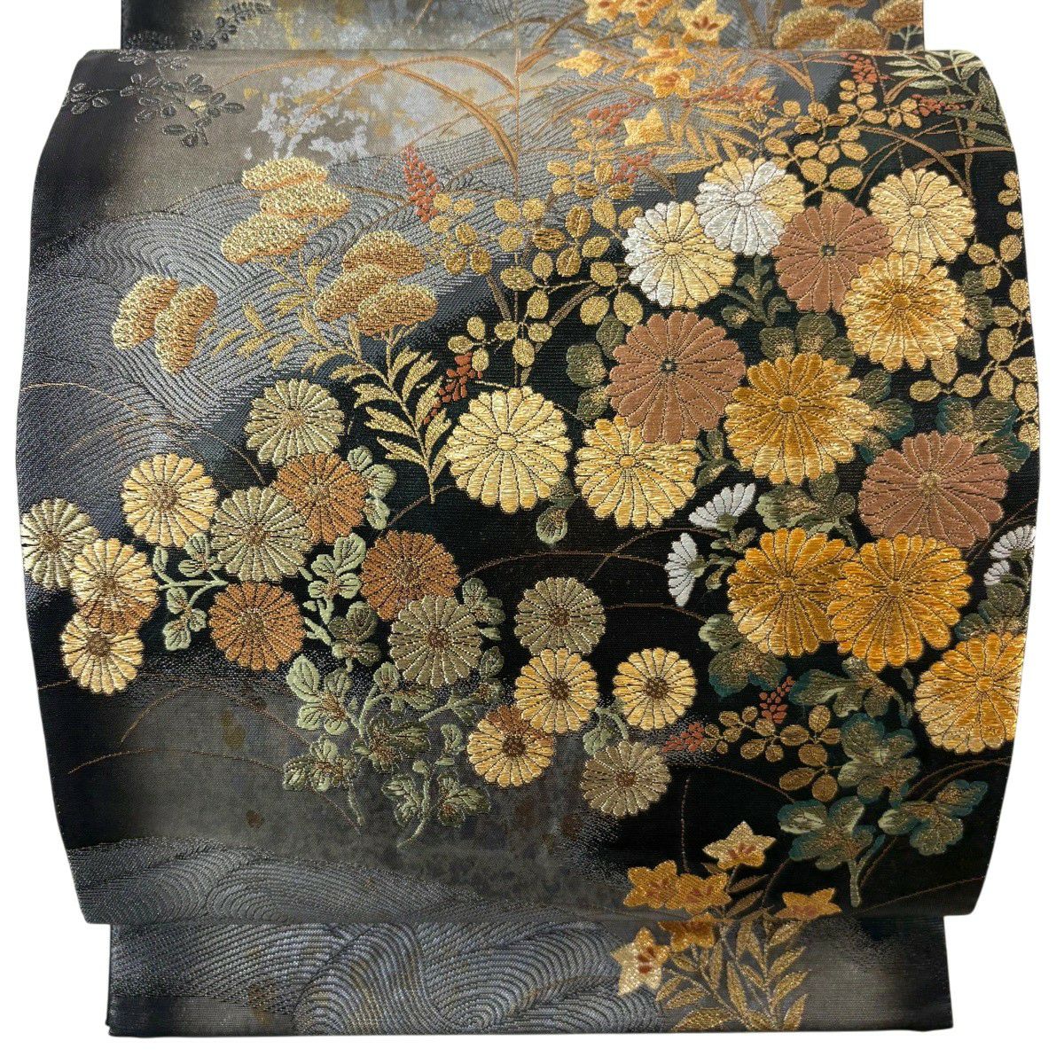 【美品】 袋帶 優品級 秋草 波 金絲 金金箔 銀 六通 純蠶絲
