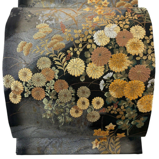 【美品】 袋帶 優品級 秋草 波 金絲 金金箔 銀 六通 純蠶絲