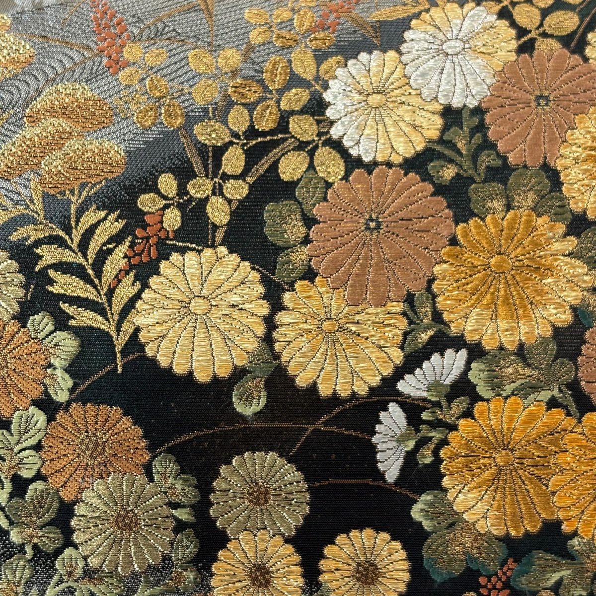 【美品】 袋帶 優品級 秋草 波 金絲 金金箔 銀 六通 純蠶絲
