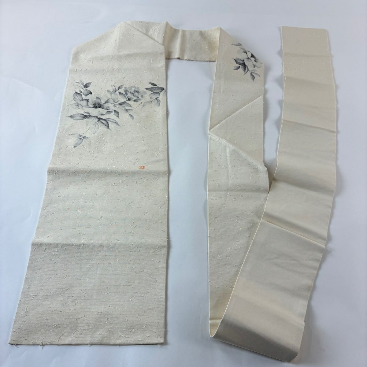 名古屋帶 優品級 附落款 髭紬織織 草花紋紋 奶油色 純蠶絲