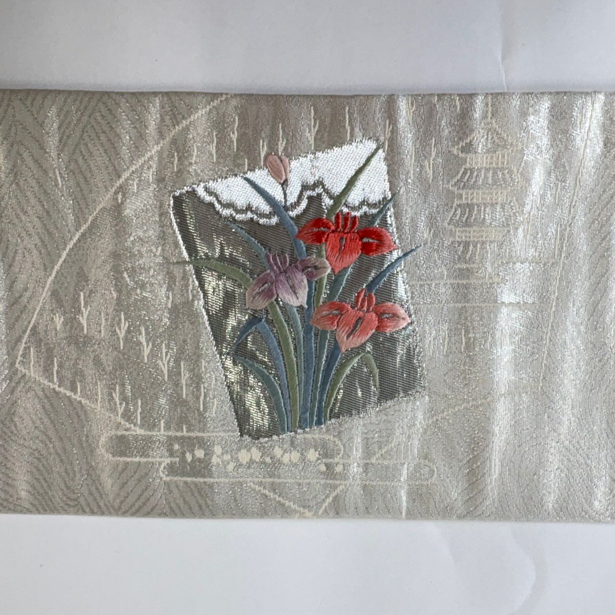 名古屋帶 優品級 色紙 草花紋 金銀彩 金金箔 奶油色 純蠶絲