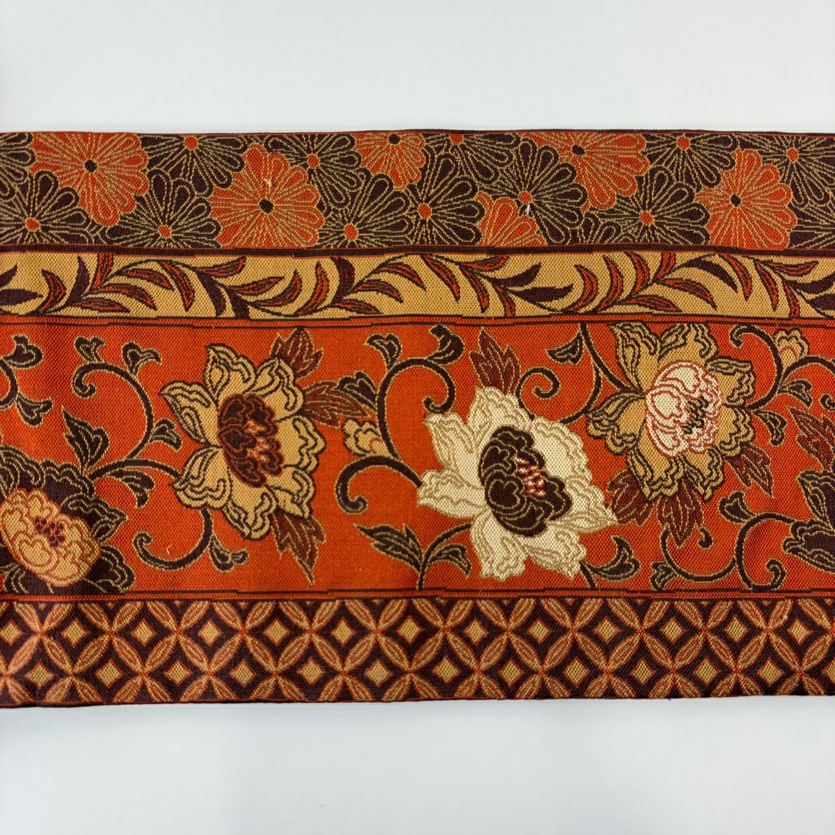 【美品】名古屋帶 優品級 花唐草紋 七寶 橙色 純蠶絲
