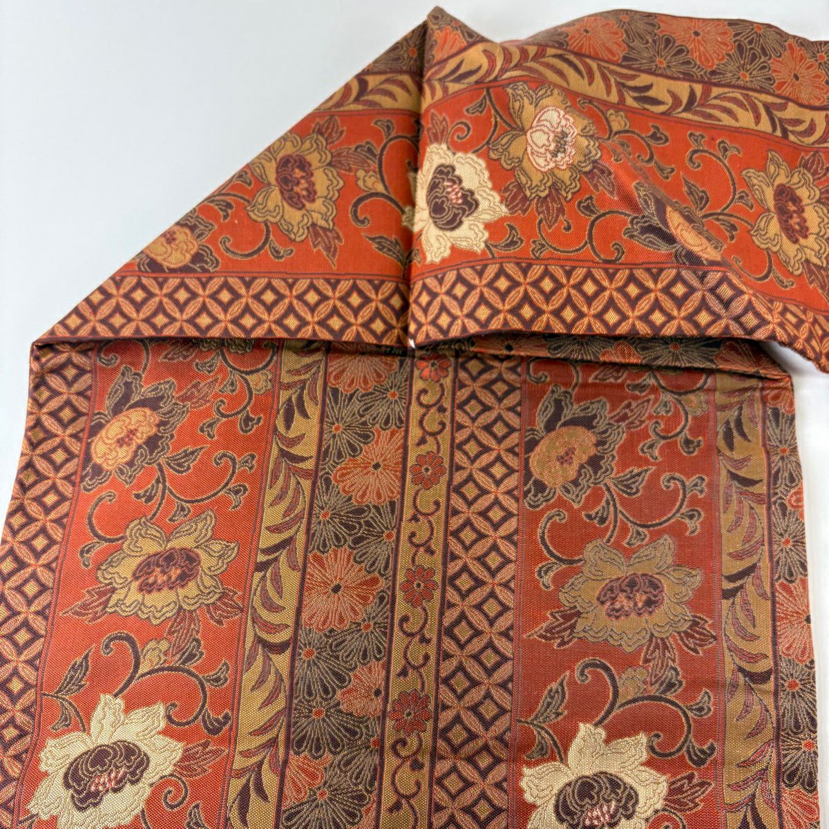【美品】名古屋帶 優品級 花唐草紋 七寶 橙色 純蠶絲