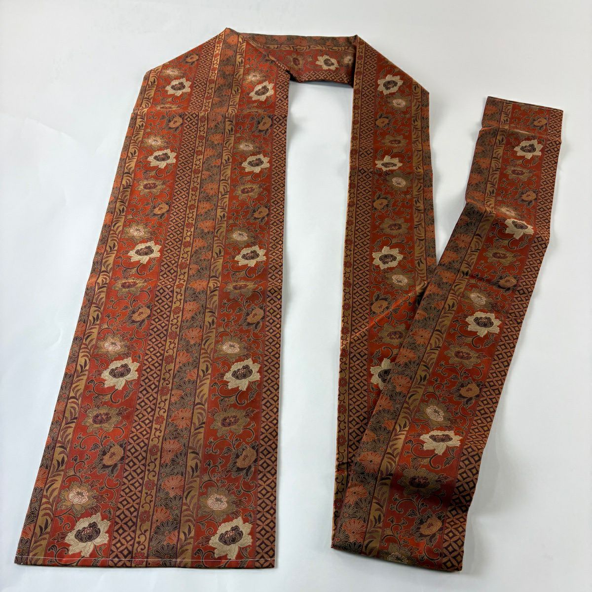【美品】名古屋帶 優品級 花唐草紋 七寶 橙色 純蠶絲