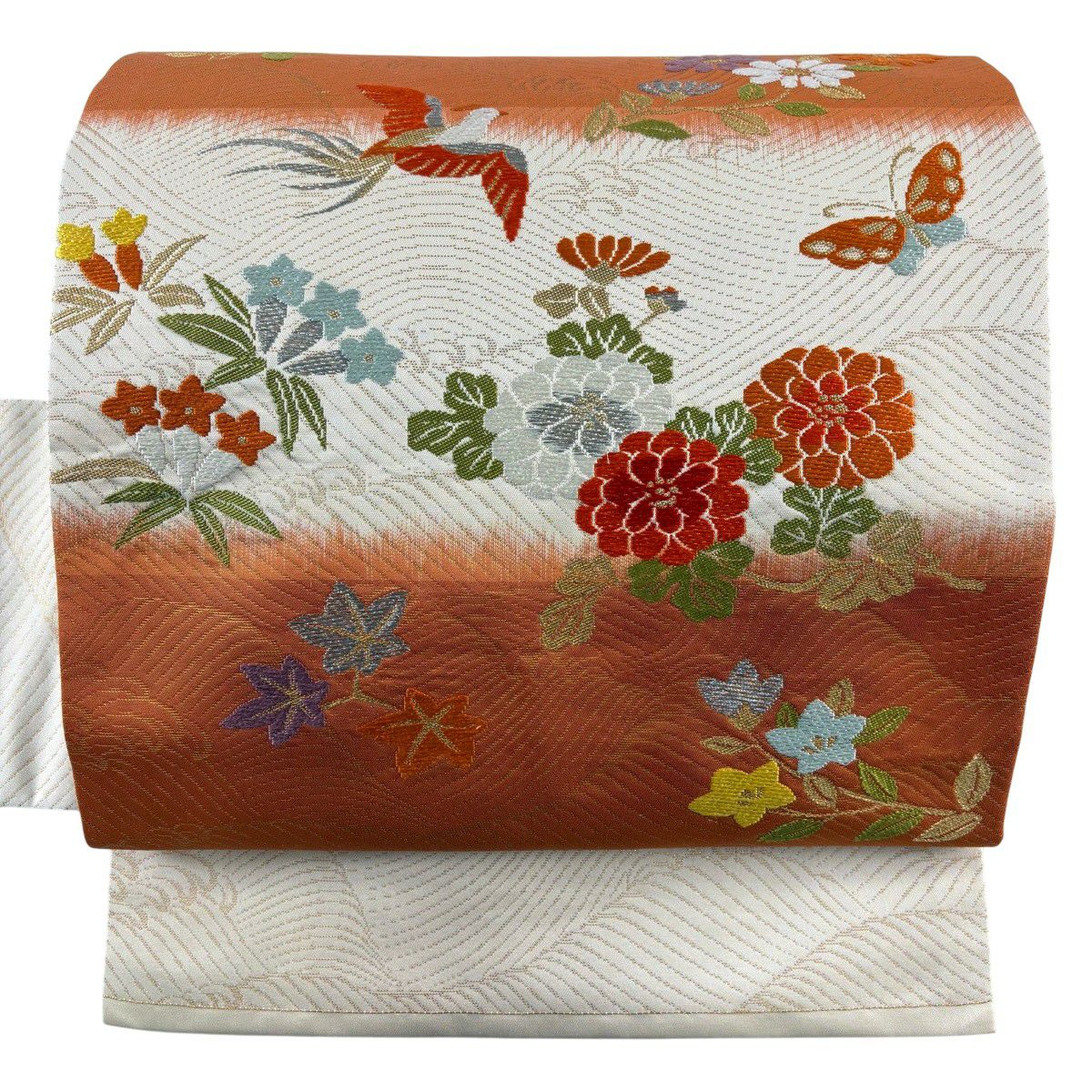 【美品】 名古屋帶 優品級 花鳥 波 金銀彩 金金箔 橙色 純蠶絲