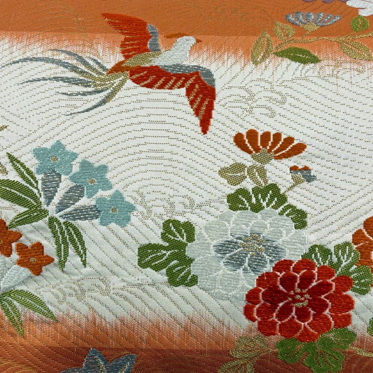 【美品】 名古屋帶 優品級 花鳥 波 金銀彩 金金箔 橙色 純蠶絲