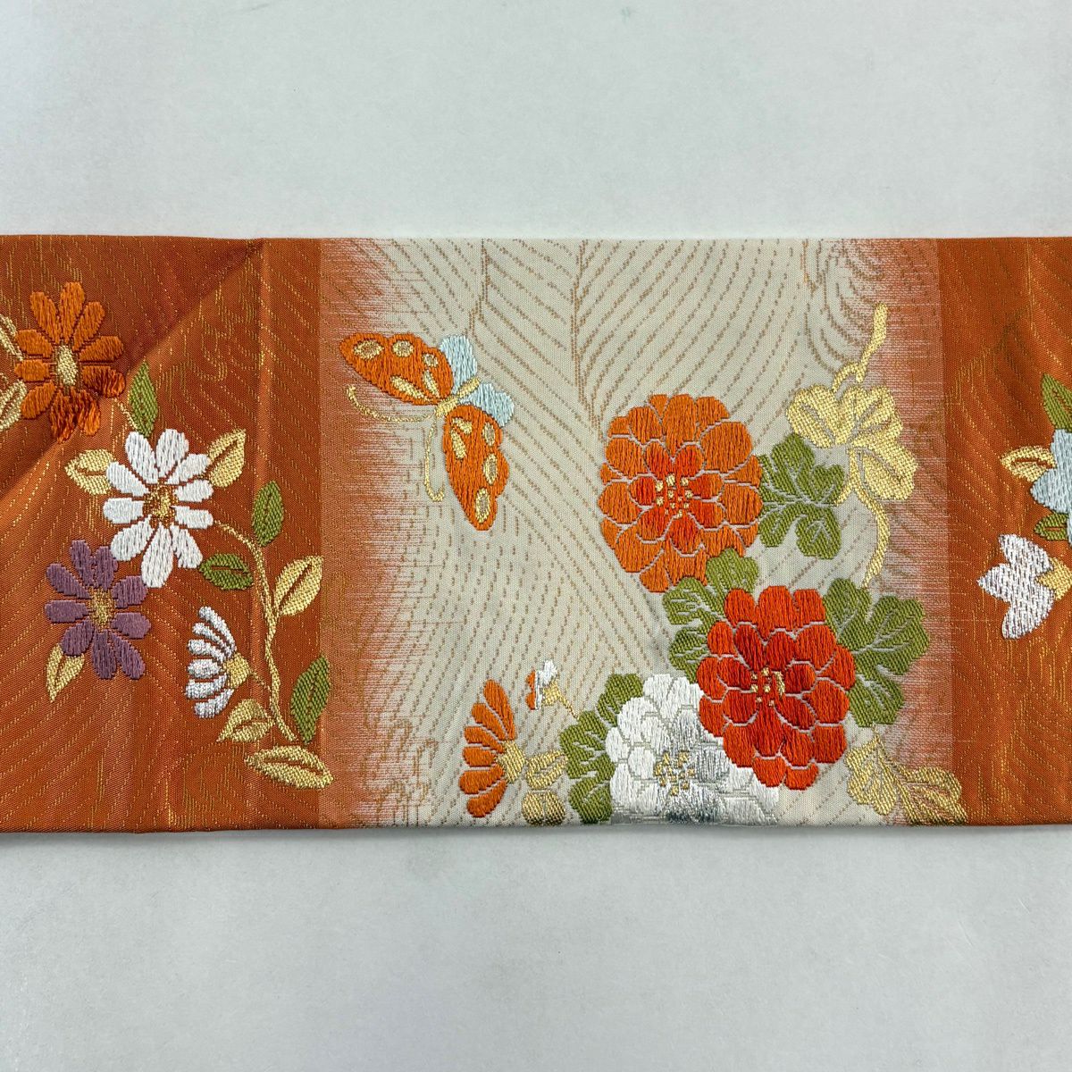 【美品】 名古屋帶 優品級 花鳥 波 金銀彩 金金箔 橙色 純蠶絲