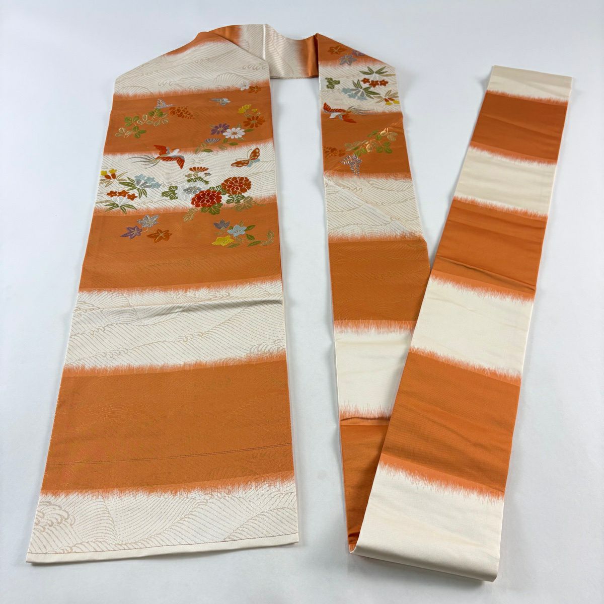 【美品】 名古屋帶 優品級 花鳥 波 金銀彩 金金箔 橙色 純蠶絲