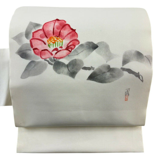 名古屋帶 優品級 附落款 椿 花紋 奶油色 純蠶絲