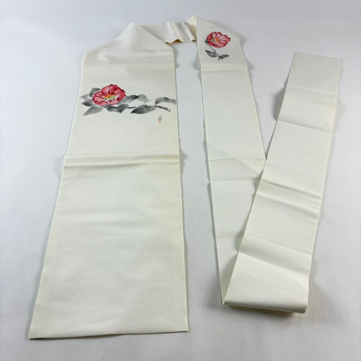 名古屋帶 優品級 附落款 椿 花紋 奶油色 純蠶絲