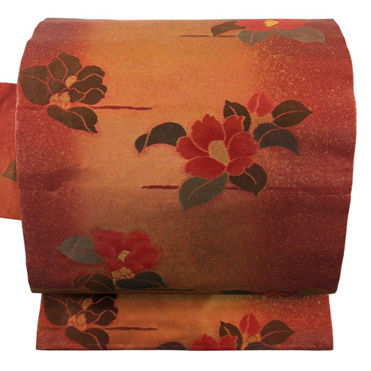 【美品】名古屋帶 優品級 椿 霞 金絲 金金箔 紅 純蠶絲