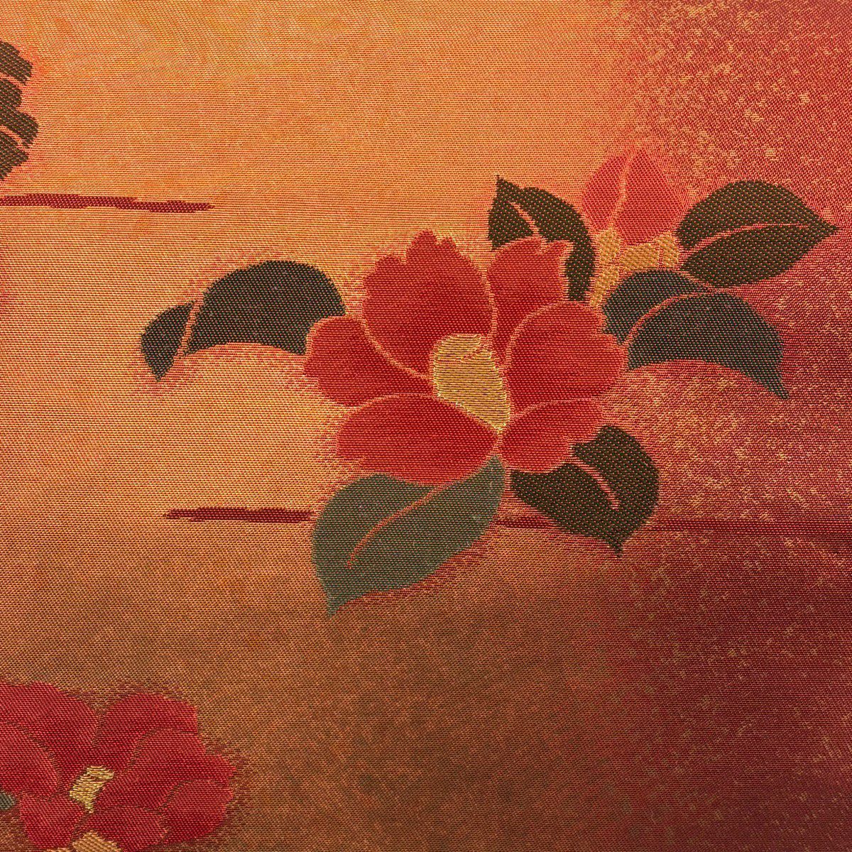 【美品】名古屋帶 優品級 椿 霞 金絲 金金箔 紅 純蠶絲