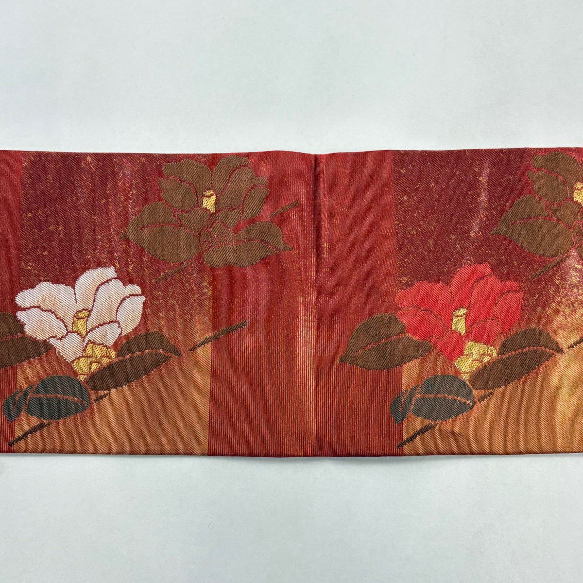 【美品】名古屋帶 優品級 椿 霞 金絲 金金箔 紅 純蠶絲