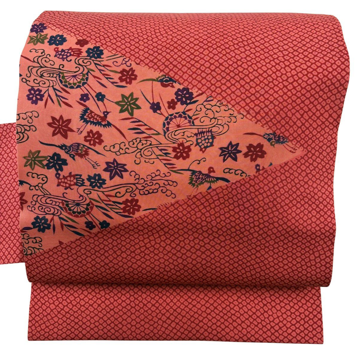 【美品】名古屋帶 優品級 花鳥 疋田紋 茜 純蠶絲