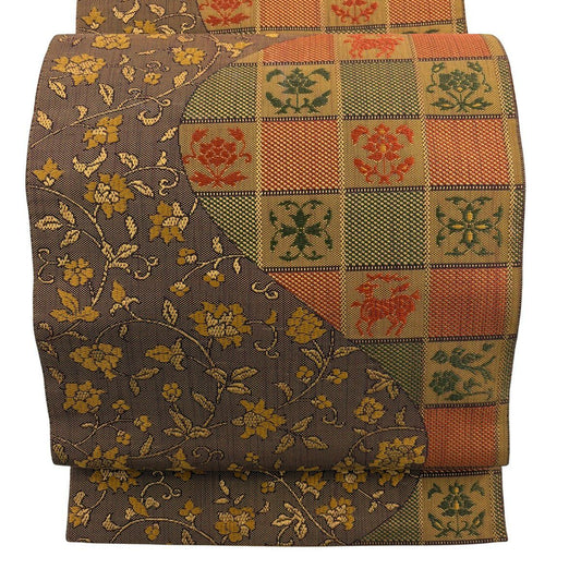 【美品】名古屋帶 優品級 八寸名古屋帶 松樹葉仕立 花唐草紋 格子 黃土 純蠶絲