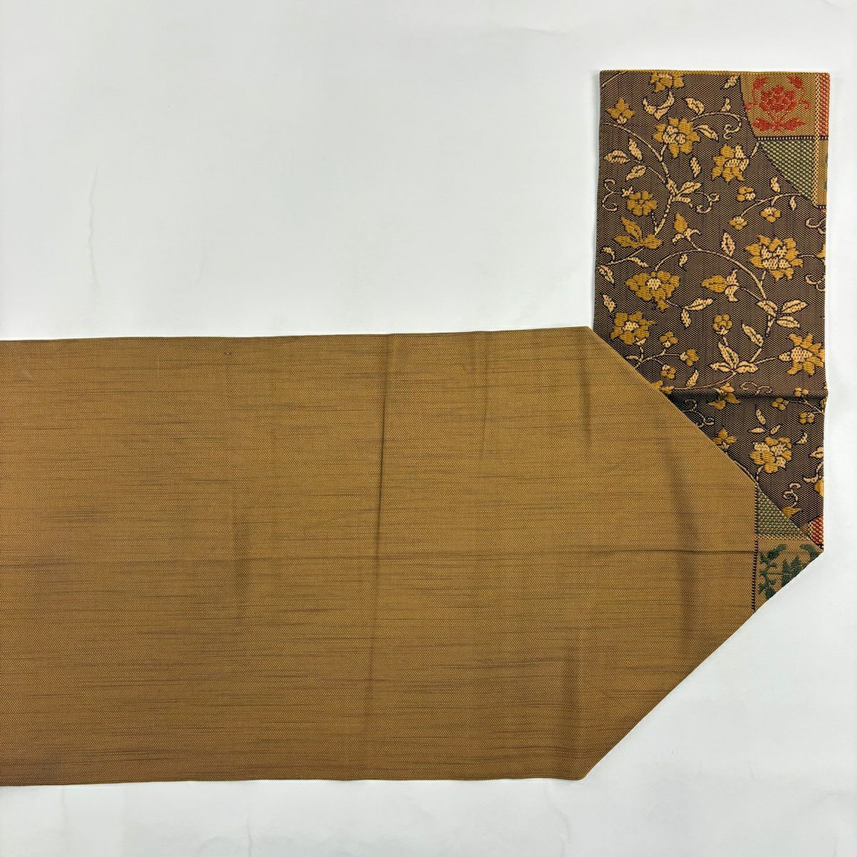 【美品】名古屋帶 優品級 八寸名古屋帶 松樹葉仕立 花唐草紋 格子 黃土 純蠶絲