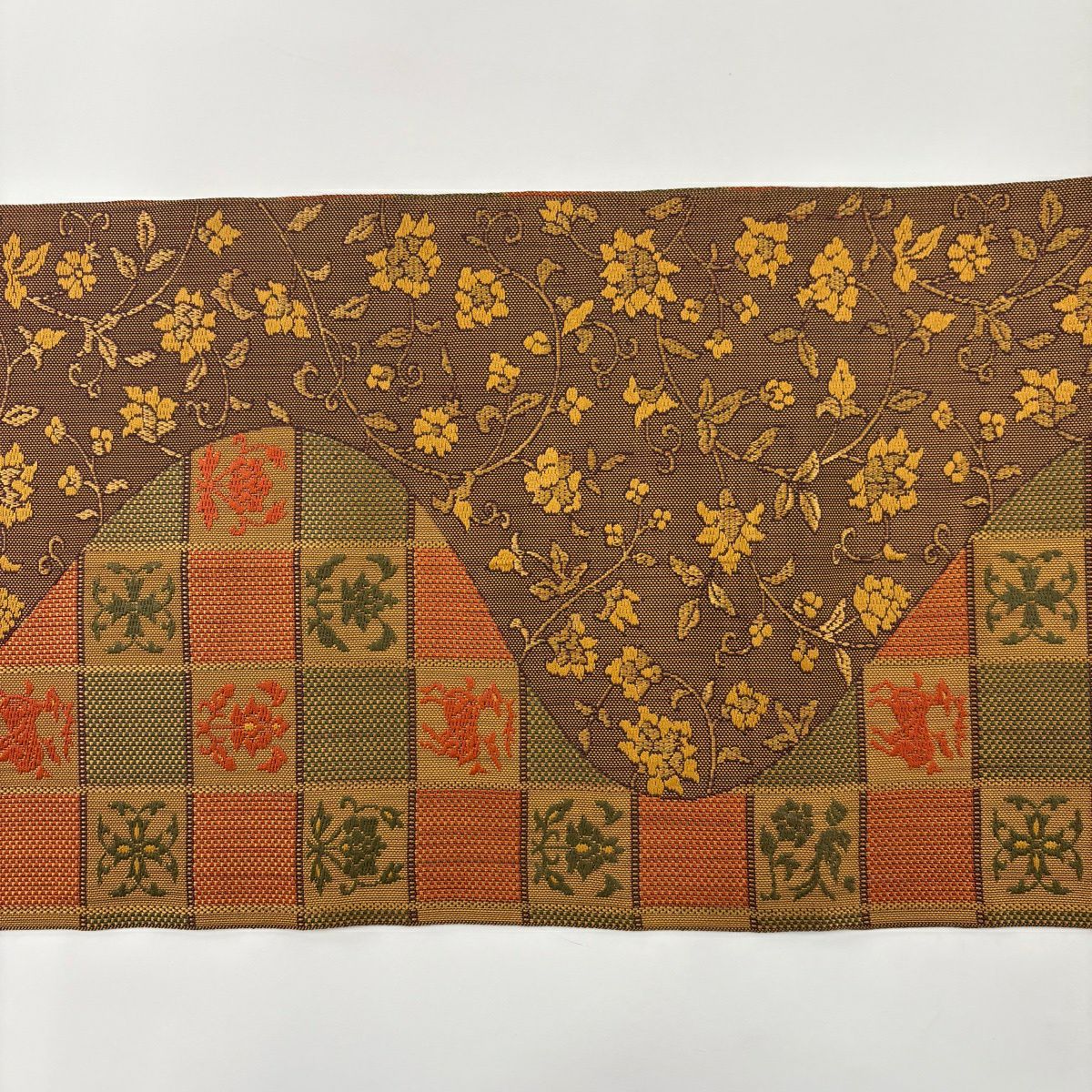 【美品】名古屋帶 優品級 八寸名古屋帶 松樹葉仕立 花唐草紋 格子 黃土 純蠶絲