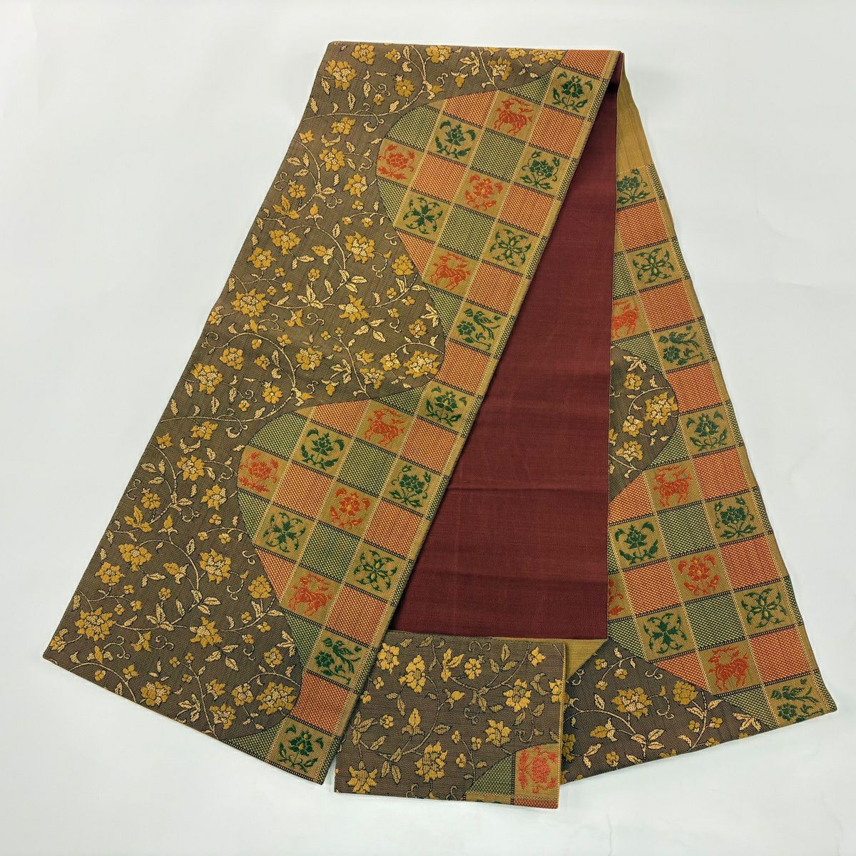 【美品】名古屋帶 優品級 八寸名古屋帶 松樹葉仕立 花唐草紋 格子 黃土 純蠶絲