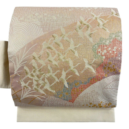 名古屋帶 優品級 仙鶴 波 金糸 金金箔 奶油色 純蠶絲
