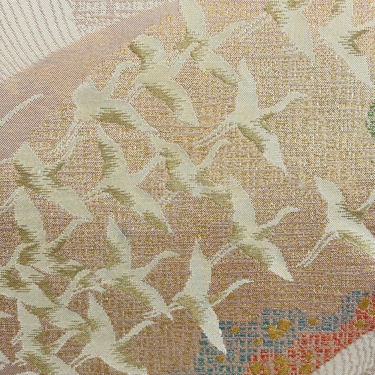 名古屋帶 優品級 仙鶴 波 金糸 金金箔 奶油色 純蠶絲