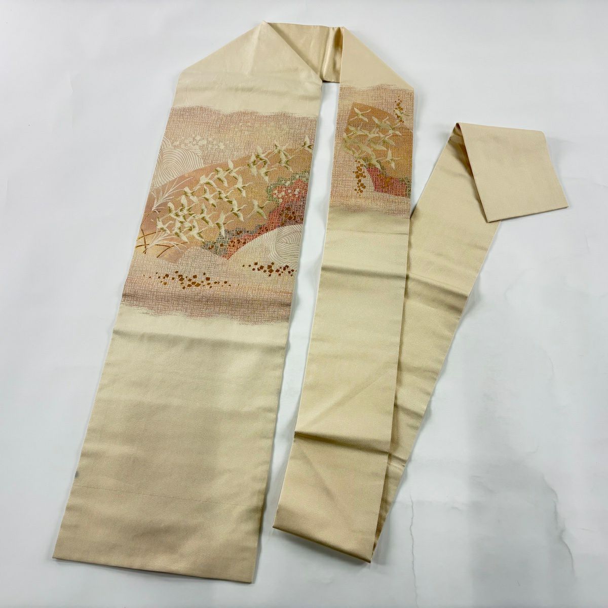 名古屋帶 優品級 仙鶴 波 金糸 金金箔 奶油色 純蠶絲