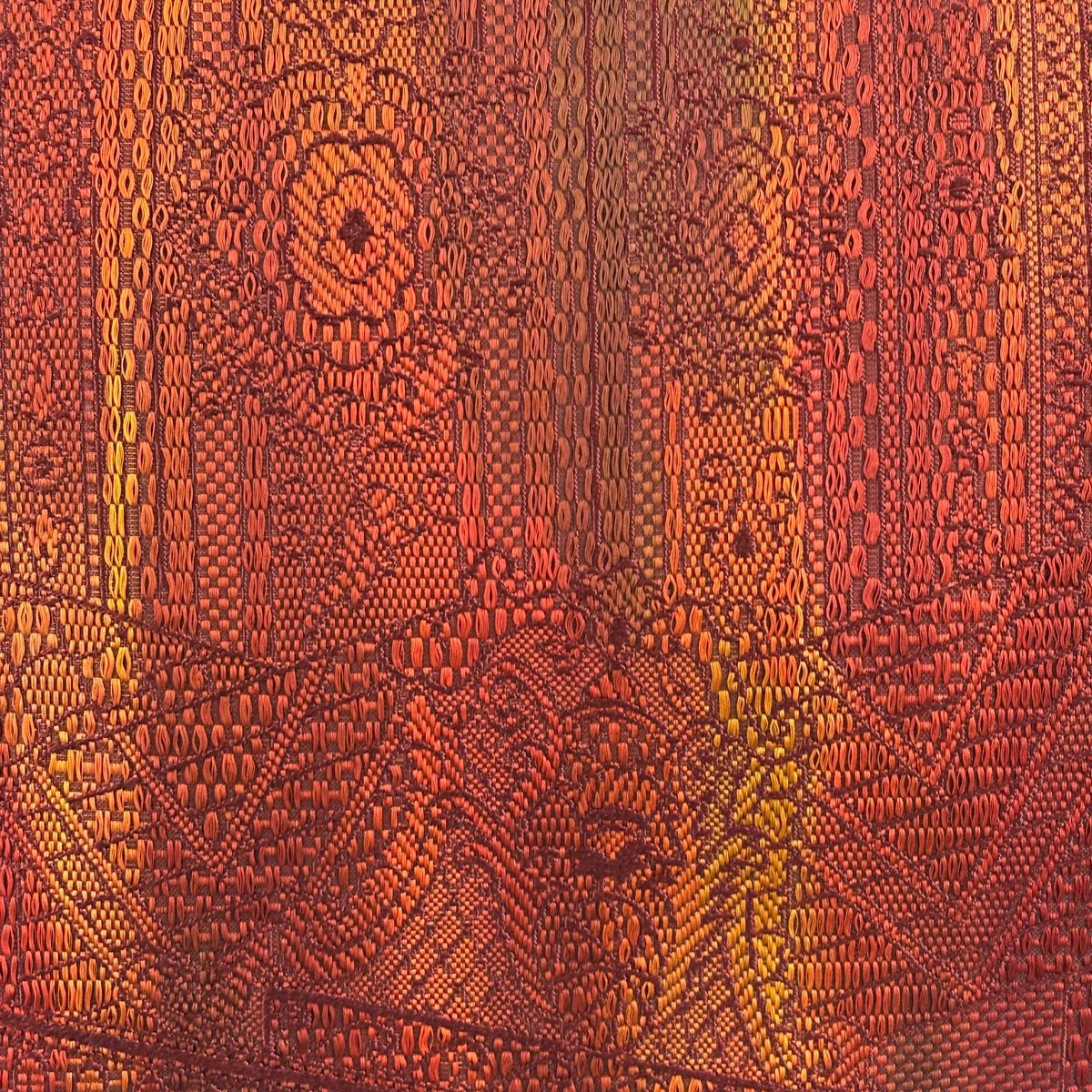 【美品】 名古屋帶 優品級 八寸名古屋帶 松樹葉仕立 建物 草花紋 紅茶 純蠶絲