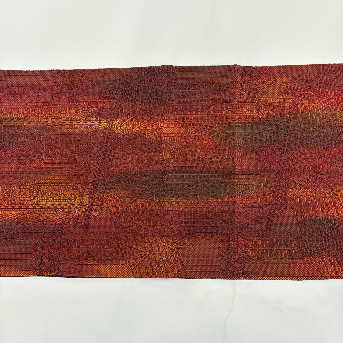 【美品】 名古屋帶 優品級 八寸名古屋帶 松樹葉仕立 建物 草花紋 紅茶 純蠶絲