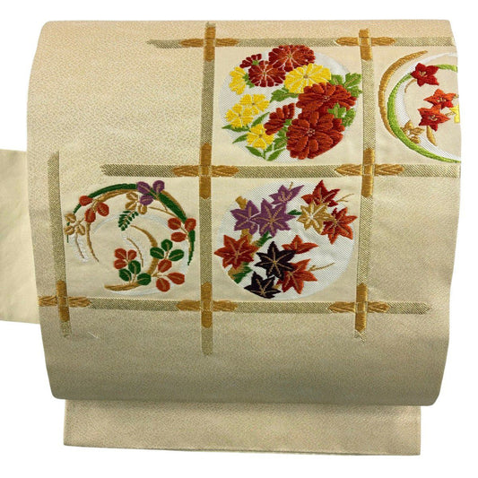 名古屋帶 優品級 草花紋紋 格天井 金絲 刺繡 金色 純蠶絲