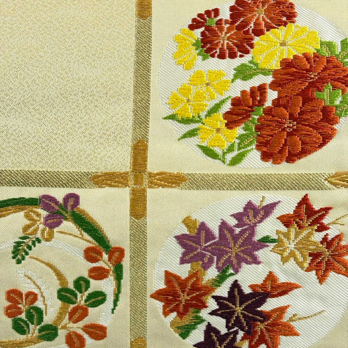 名古屋帶 優品級 草花紋紋 格天井 金絲 刺繡 金色 純蠶絲
