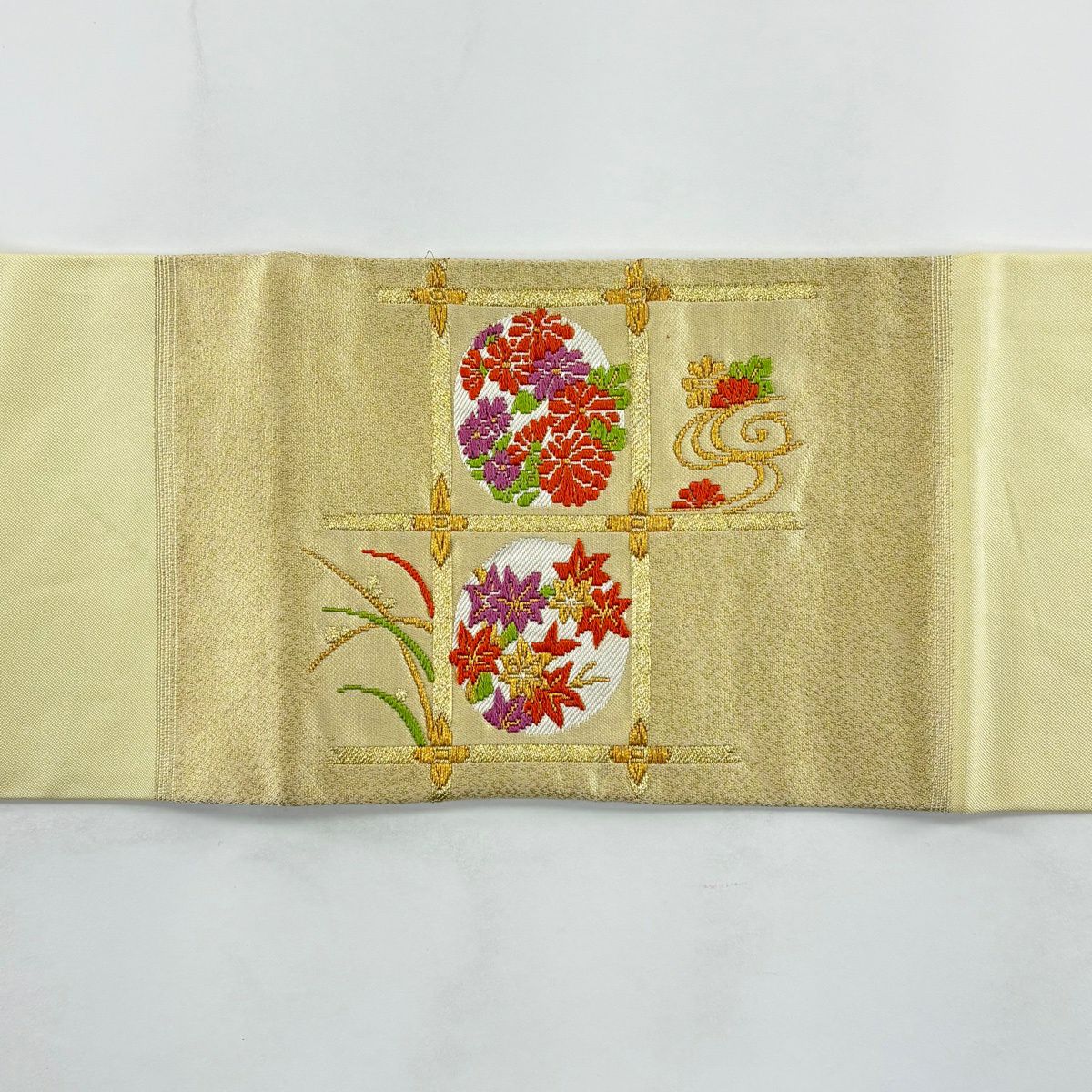 名古屋帶 優品級 草花紋紋 格天井 金絲 刺繡 金色 純蠶絲