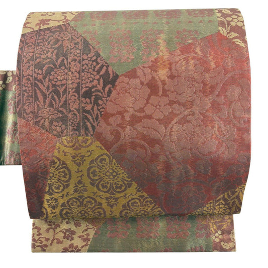 【美品】名古屋帶 優品級 花 花唐草紋 金金箔 紅茶 純蠶絲