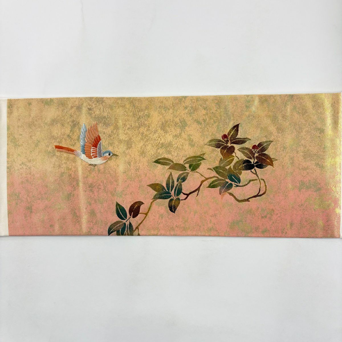名古屋帶 優品級 鳥 椿 刺繡 金金箔 粉紅 純蠶絲