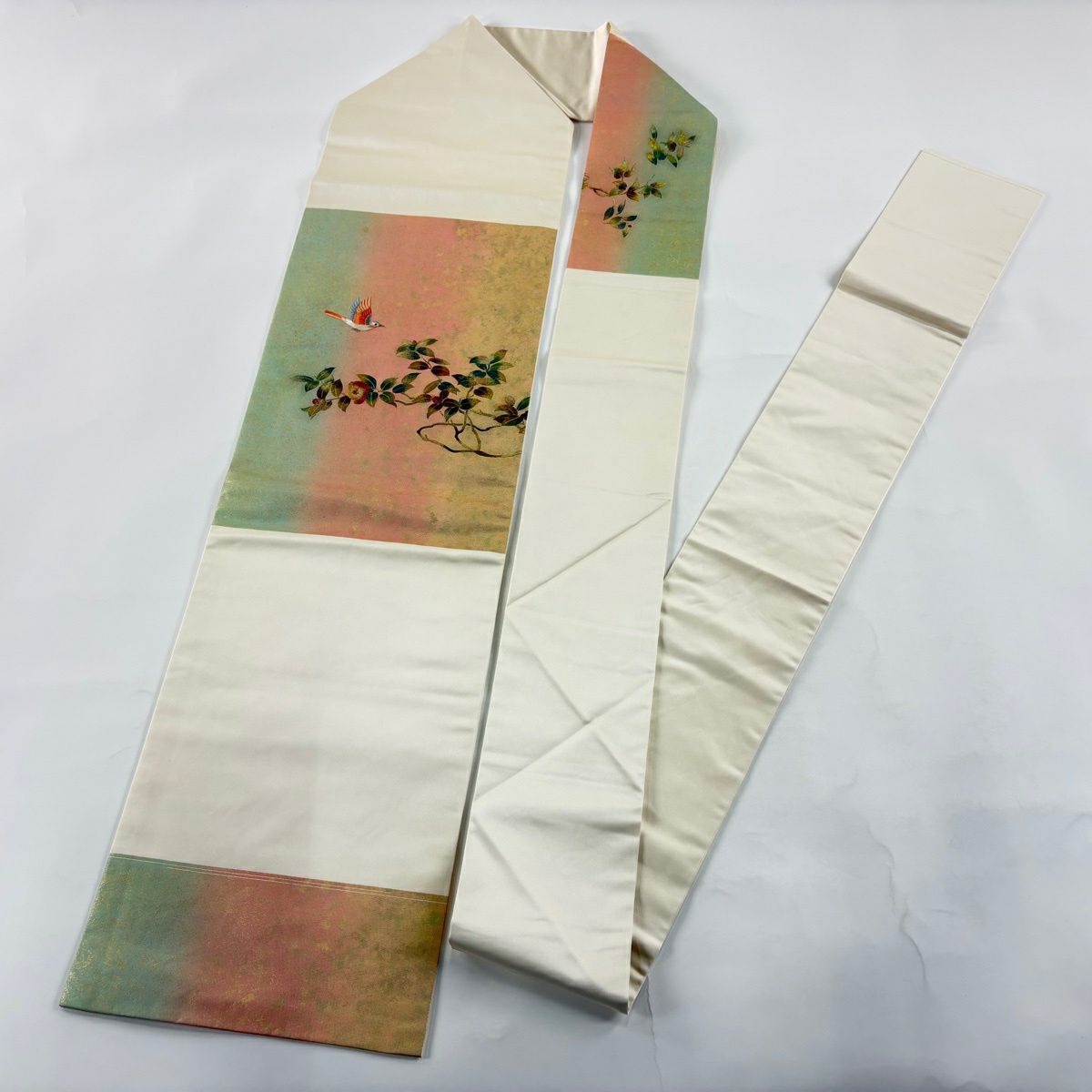 名古屋帶 優品級 鳥 椿 刺繡 金金箔 粉紅 純蠶絲