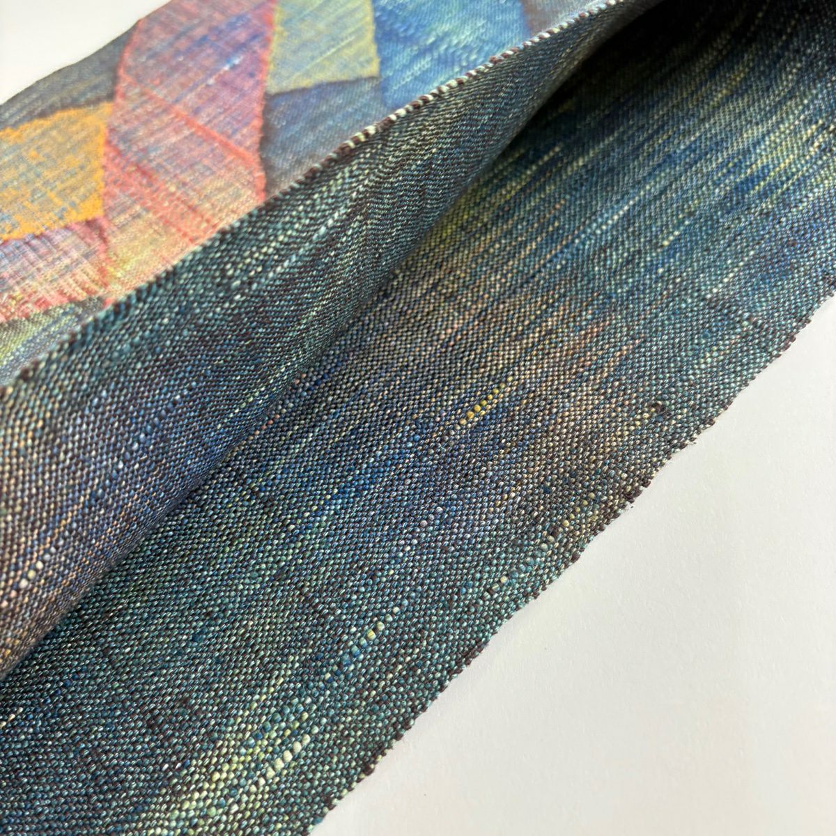 【美品】名古屋帶 優品級 紬織織 八寸名古屋帶 松樹葉仕立 雜色仕立 幾何學圖案 青綠 純蠶絲