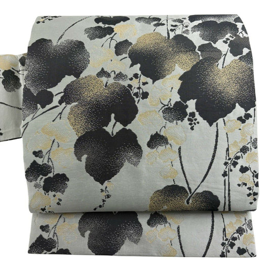 【美品】 名古屋帶 優品級 蔦 灰白 純蠶絲