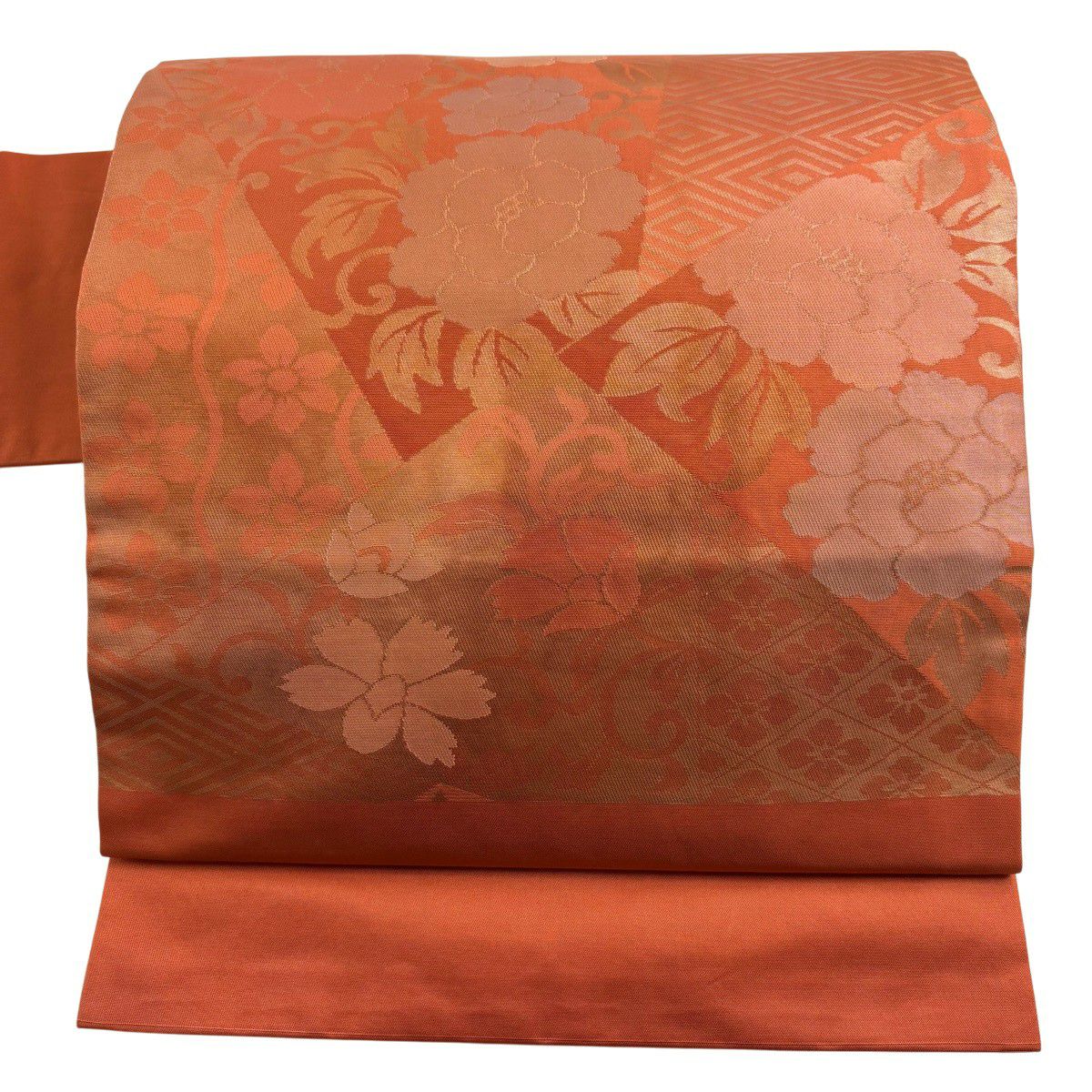 【美品】名古屋帶 優品級 關西仕立 梅花花唐草紋 菱文 金金箔 橙色 純蠶絲