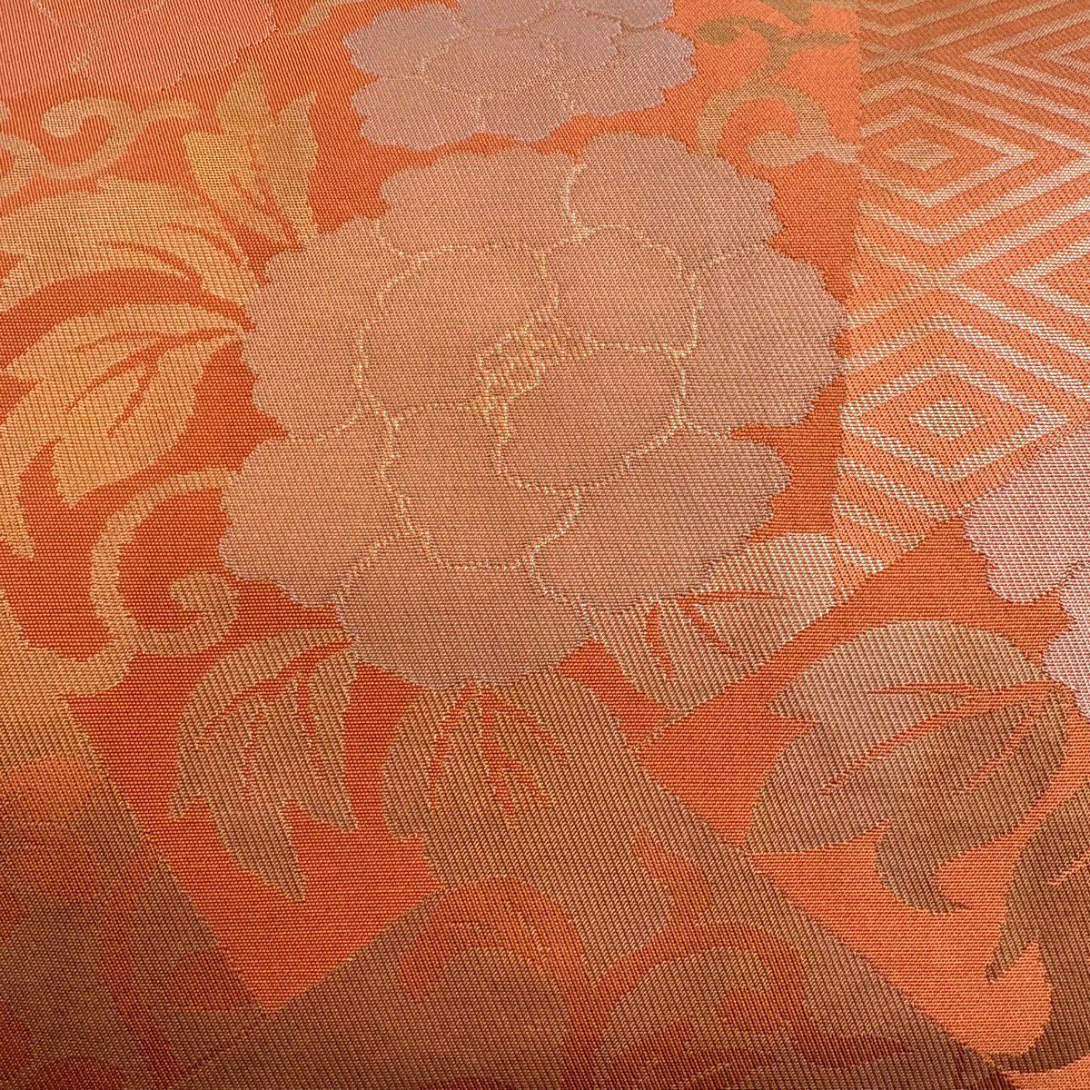 【美品】名古屋帶 優品級 關西仕立 梅花花唐草紋 菱文 金金箔 橙色 純蠶絲