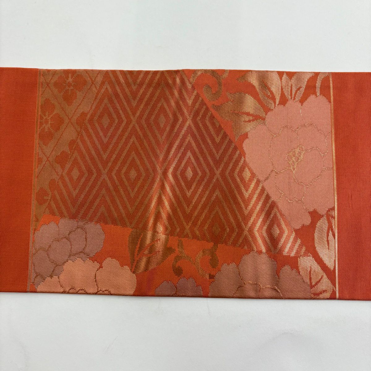 【美品】名古屋帶 優品級 關西仕立 梅花花唐草紋 菱文 金金箔 橙色 純蠶絲