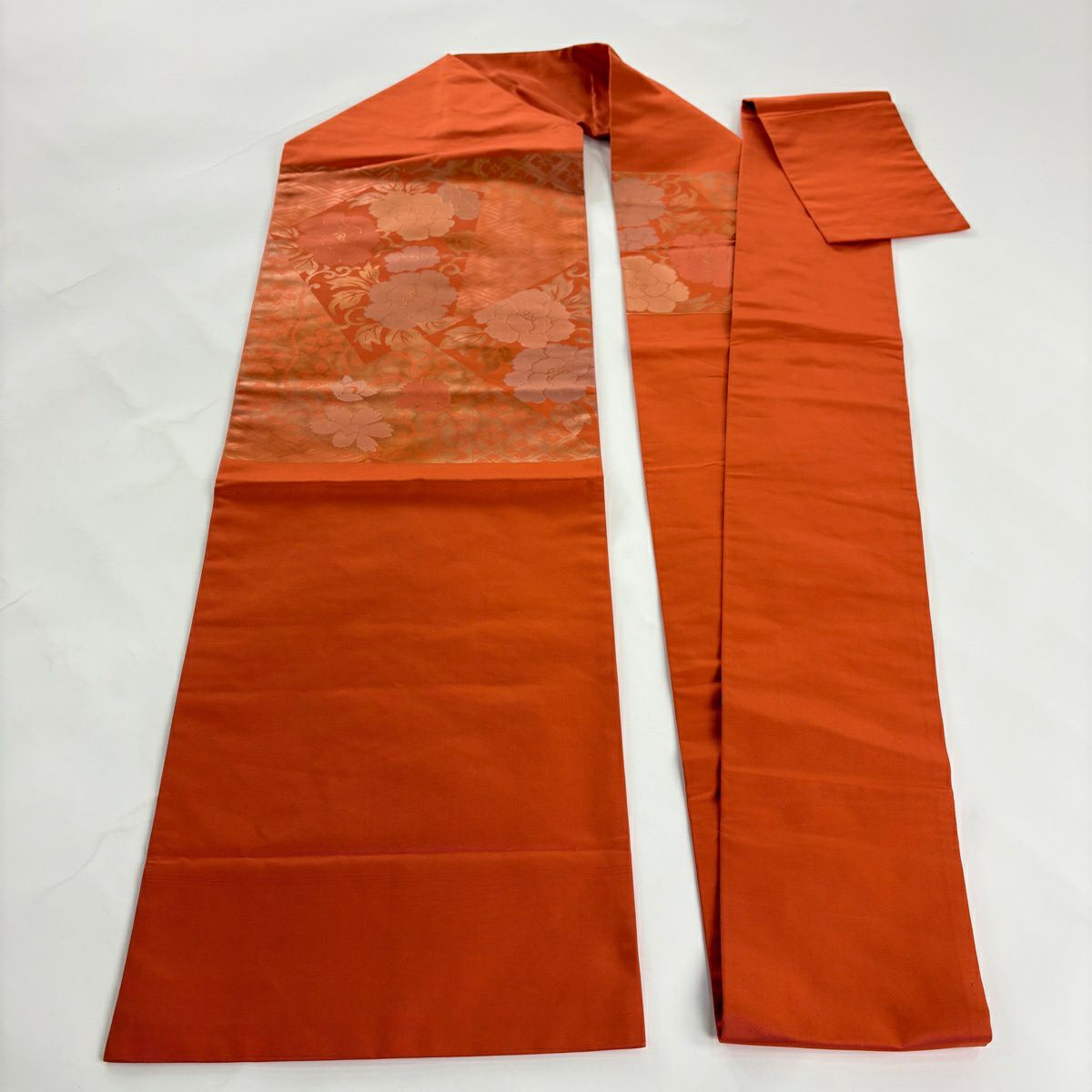 【美品】名古屋帶 優品級 關西仕立 梅花花唐草紋 菱文 金金箔 橙色 純蠶絲