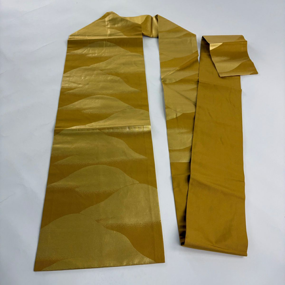 【美品】名古屋帶 優品級 山並 金金箔 芥末色 純蠶絲