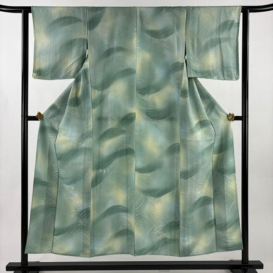 【美品】 小紋 身長151cm 袖長61cm S 單層 波 漸層 薄綠 純蠶絲 優品級