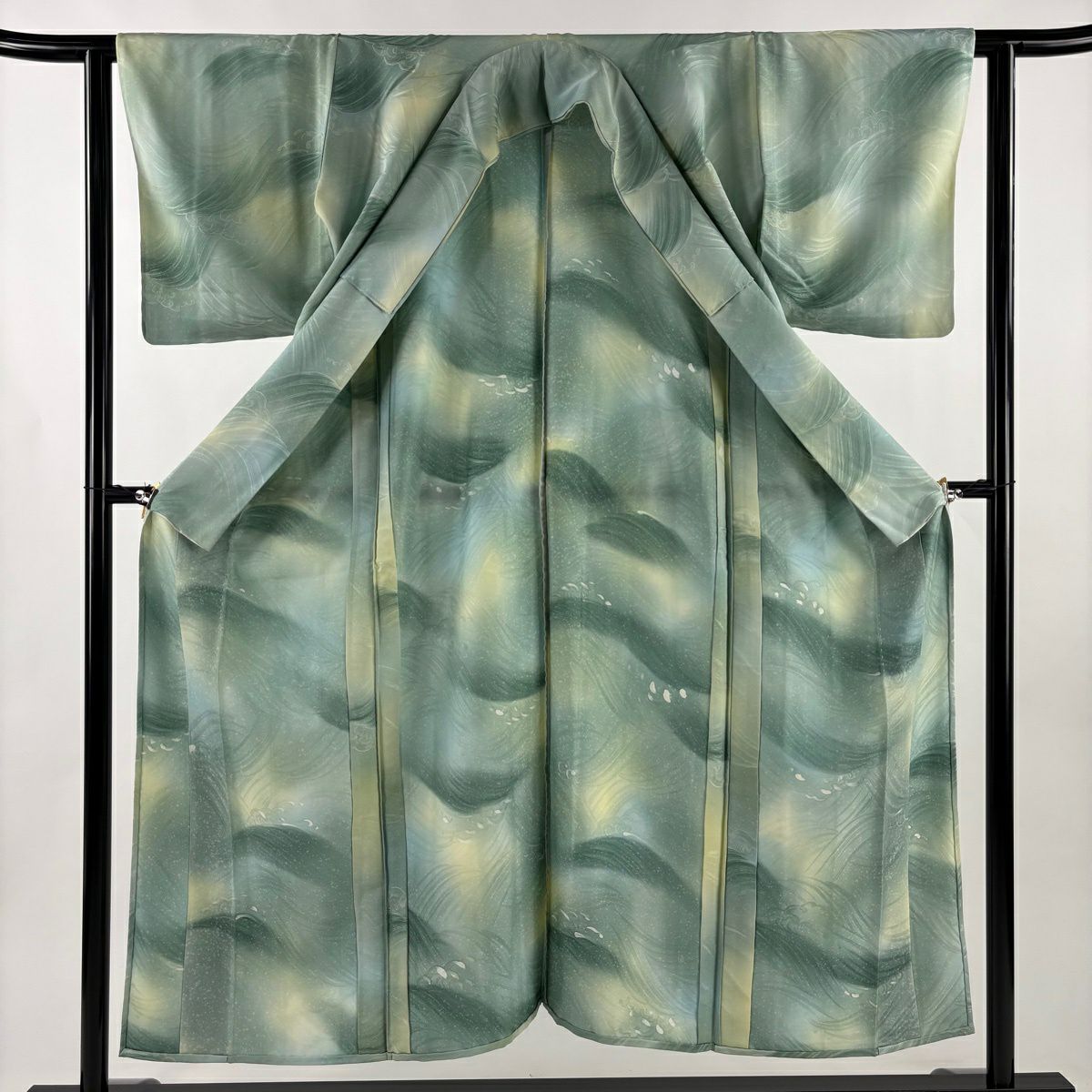 【美品】 小紋 身長151cm 袖長61cm S 單層 波 漸層 薄綠 純蠶絲 優品級
