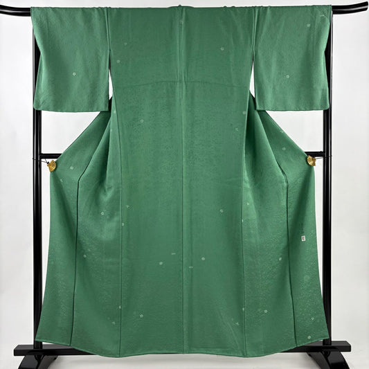 小紋 身長158.5cm 袖長68cm L 雙層 柿本市郎 落款あり 梅花 萩 綠 純蠶絲 優品級 一つ紋