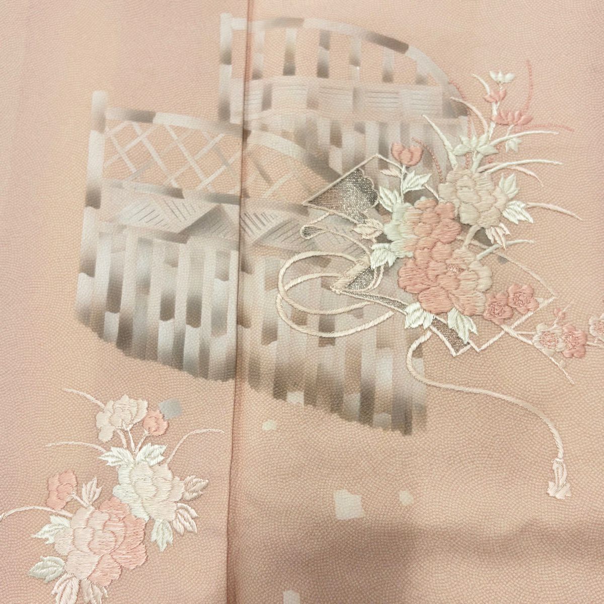 付下 身長151cm 袖長62.5cm S 雙層 牡丹 刺繡 銀線 淺粉色 純蠶絲 優品級