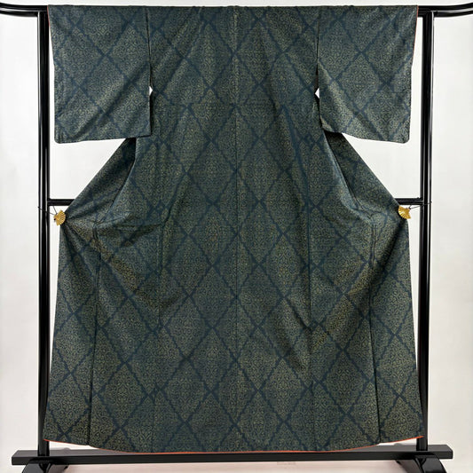 【美品】 紬織 身長157cm 袖長62.5cm S 雙層 菱 唐草紋 青綠 純蠶絲 優品級